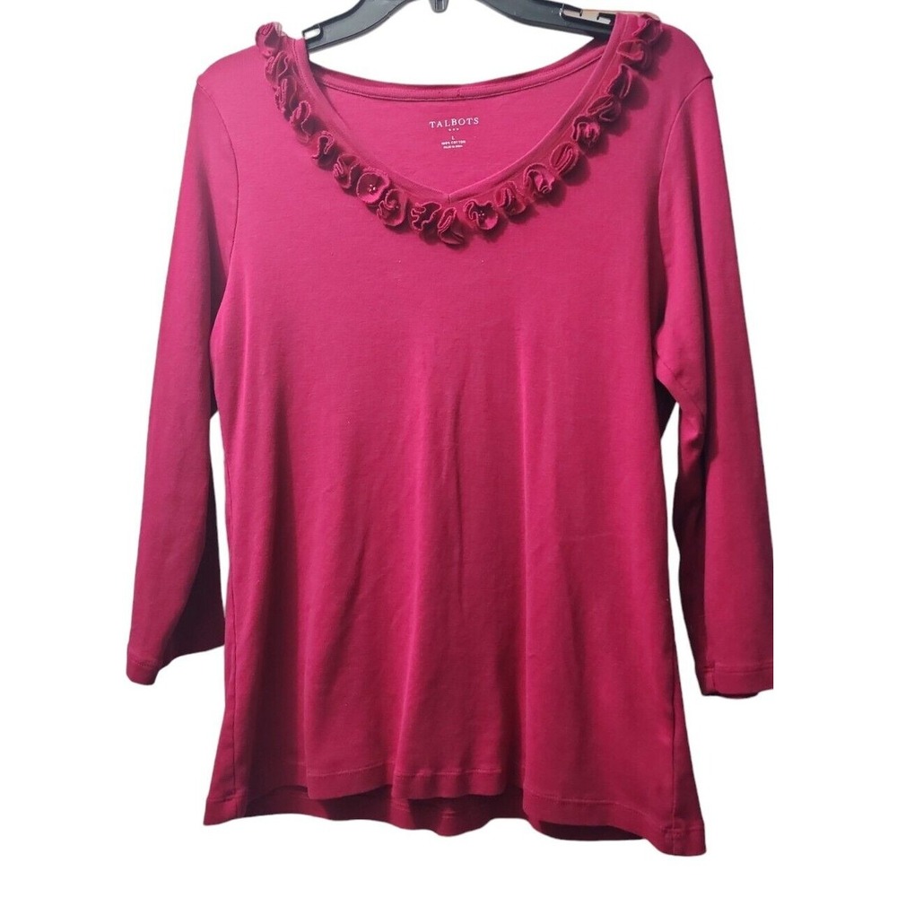 Talbots Ruffle‎ Neck Top 3/4 Sleeve Cotton Blend Casual Blouse Large